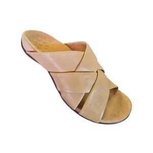 Vionic Juno Tan Leather Slide Sandals Slip On Strappy Comfort Sz 6.5 WIDE summer